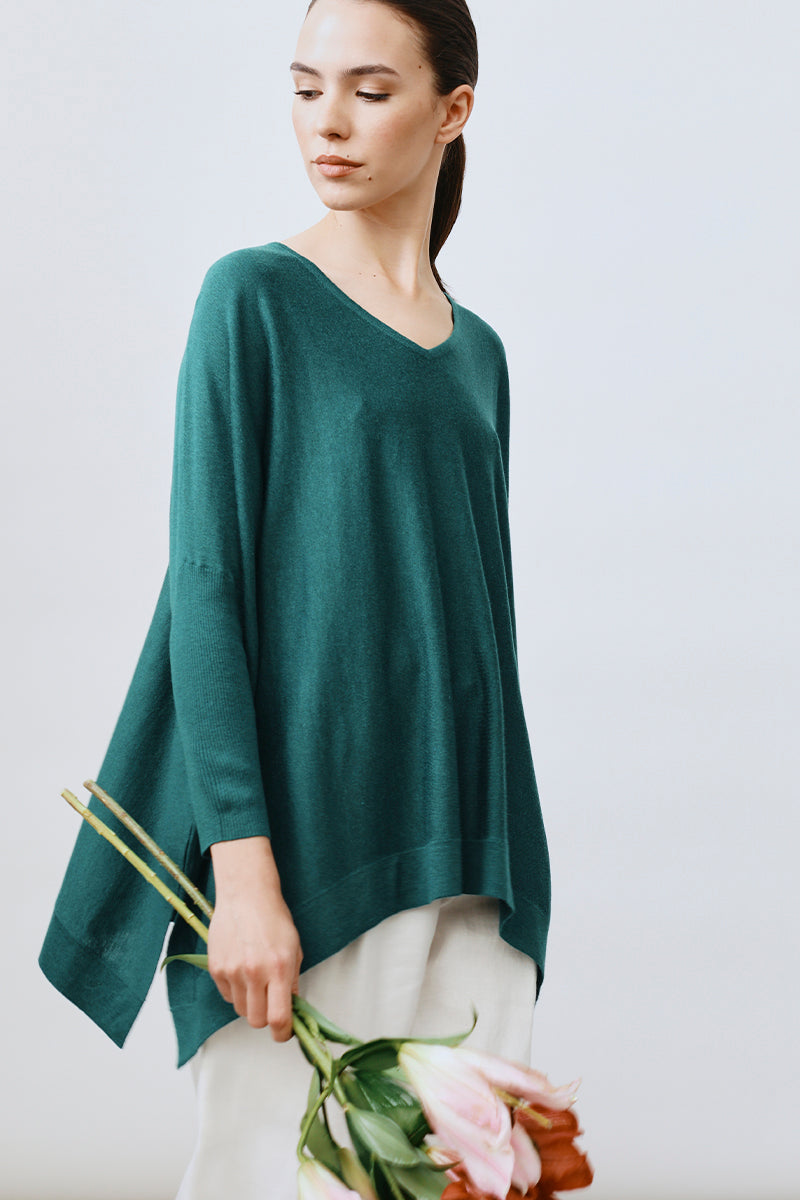 Poncho cuello pico cashmere ultrafino seda mujer