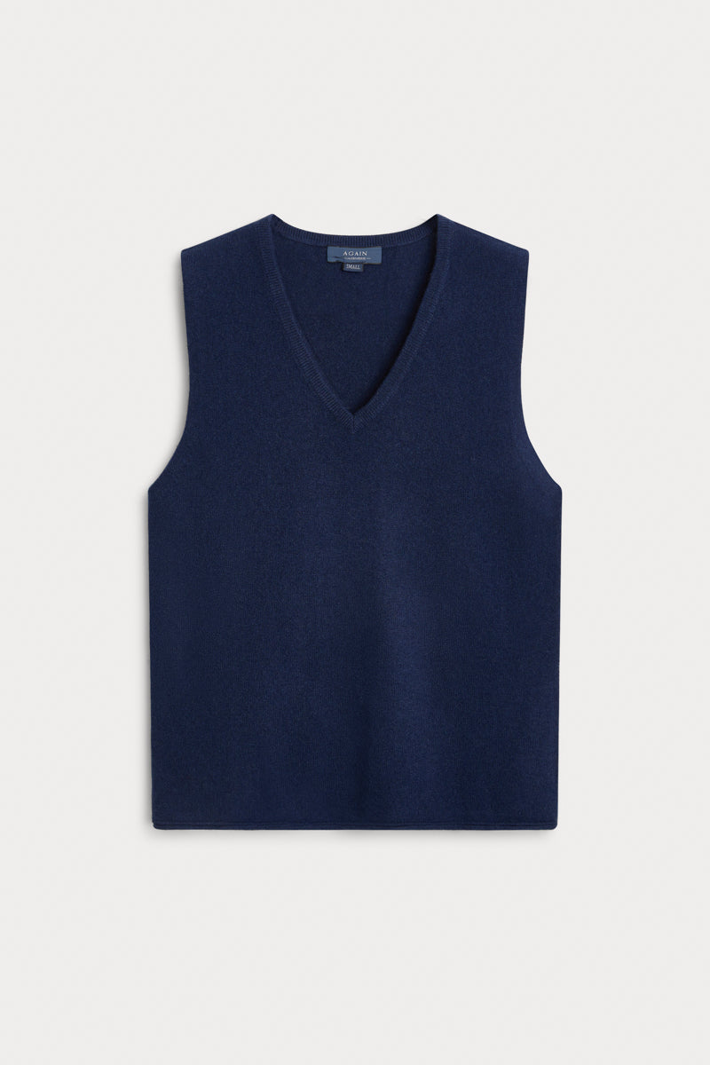 Chaleco Cuello Pico Cashmere azul marino. 100% cashmere. AGAIN Cashmere.