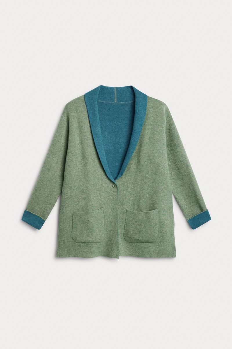 cardigan dos colores cashmere verde. AGAIN Cashmere