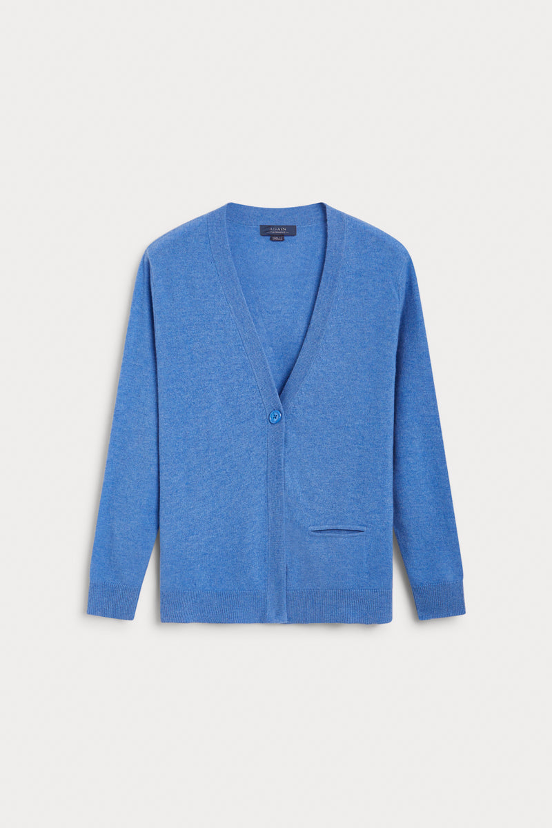 Cardigan pico cashmere azul claro 100% cashmere. AGAIN Cashmere.