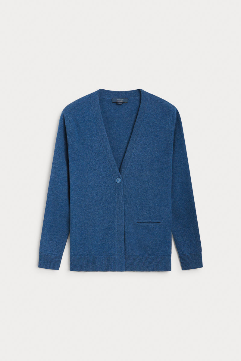 Cardigan pico cashmere azul medio 100% cashmere. AGAIN Cashmere.