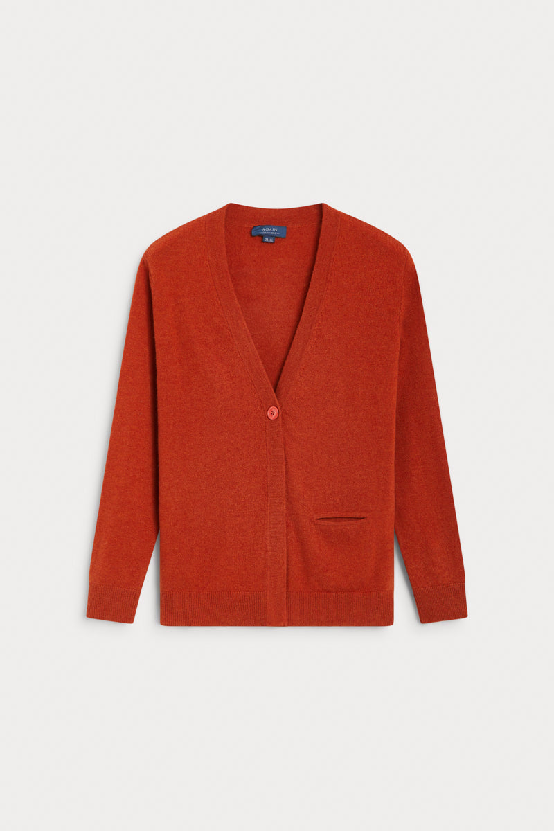 Cardigan pico cashmere naranja 100% cashmere. AGAIN Cashmere.