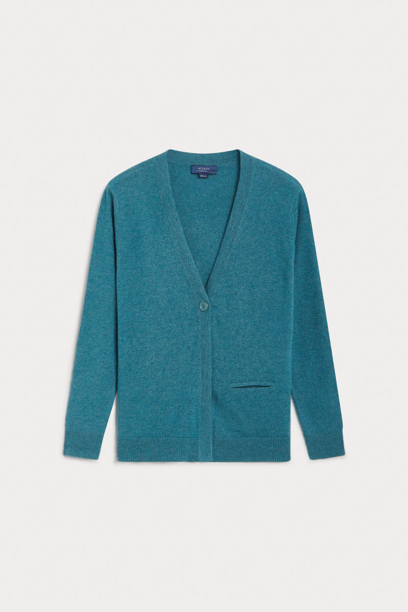 Cardigan pico cashmere verde azulado 100% cashmere. AGAIN Cashmere.