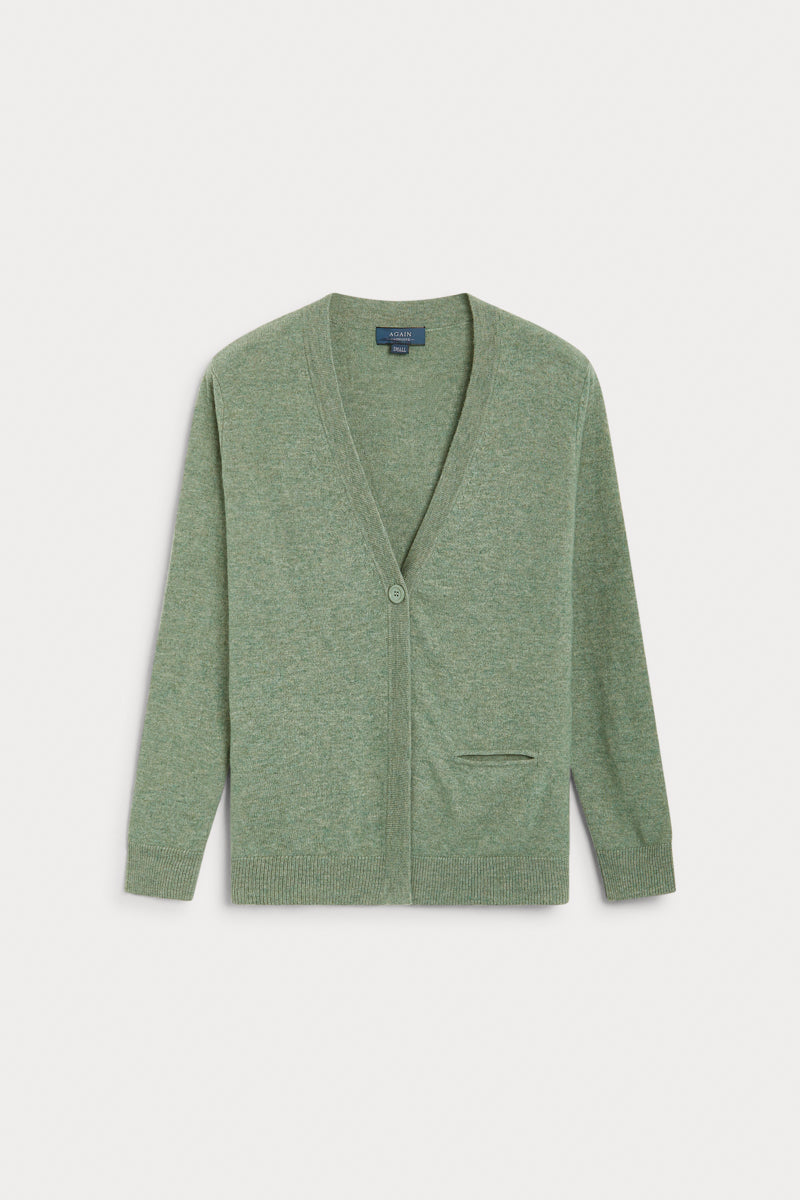 Cardigan pico cashmere verde hoja 100% cashmere. AGAIN Cashmere.