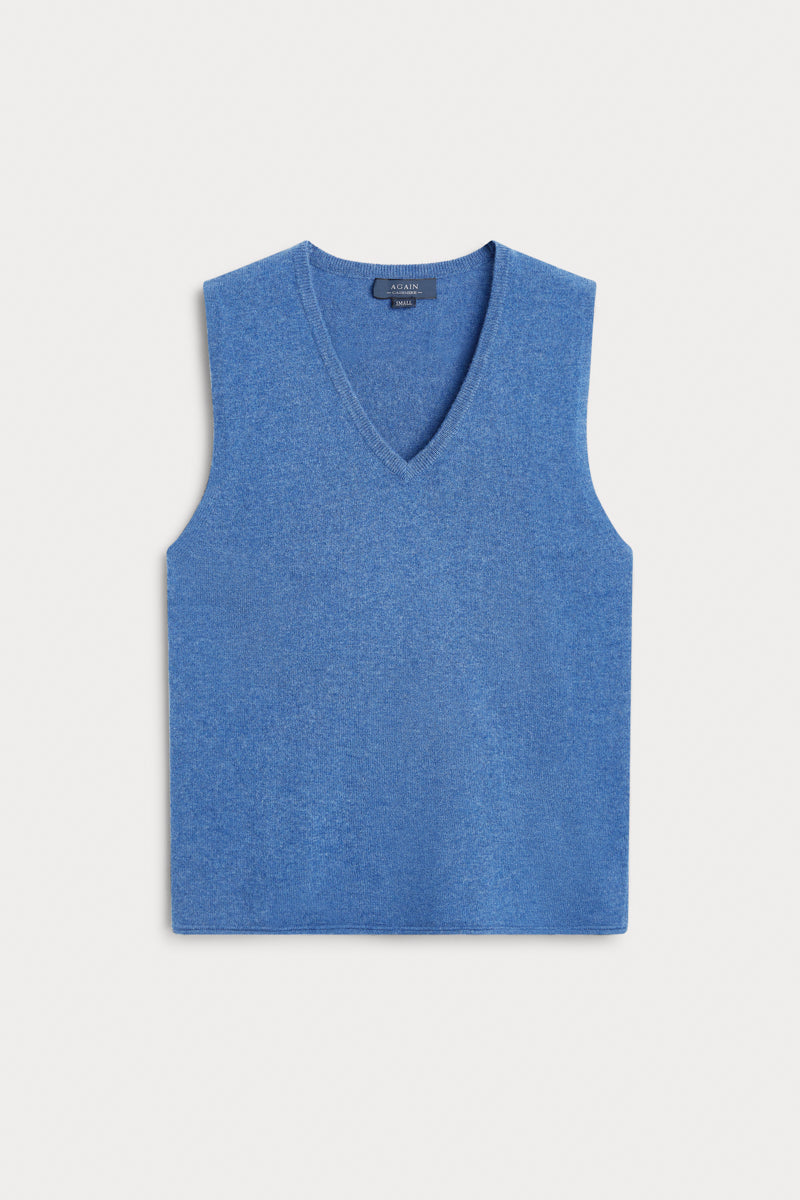 Chaleco Cuello Pico Cashmere azul claro. 100% cashmere. AGAIN Cashmere.