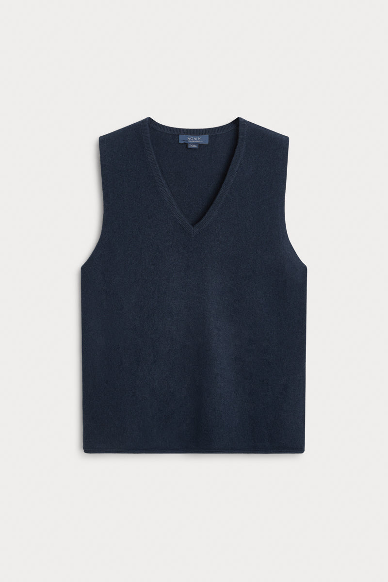 Chaleco Cuello Pico Cashmere azul noche. 100% cashmere. AGAIN Cashmere.