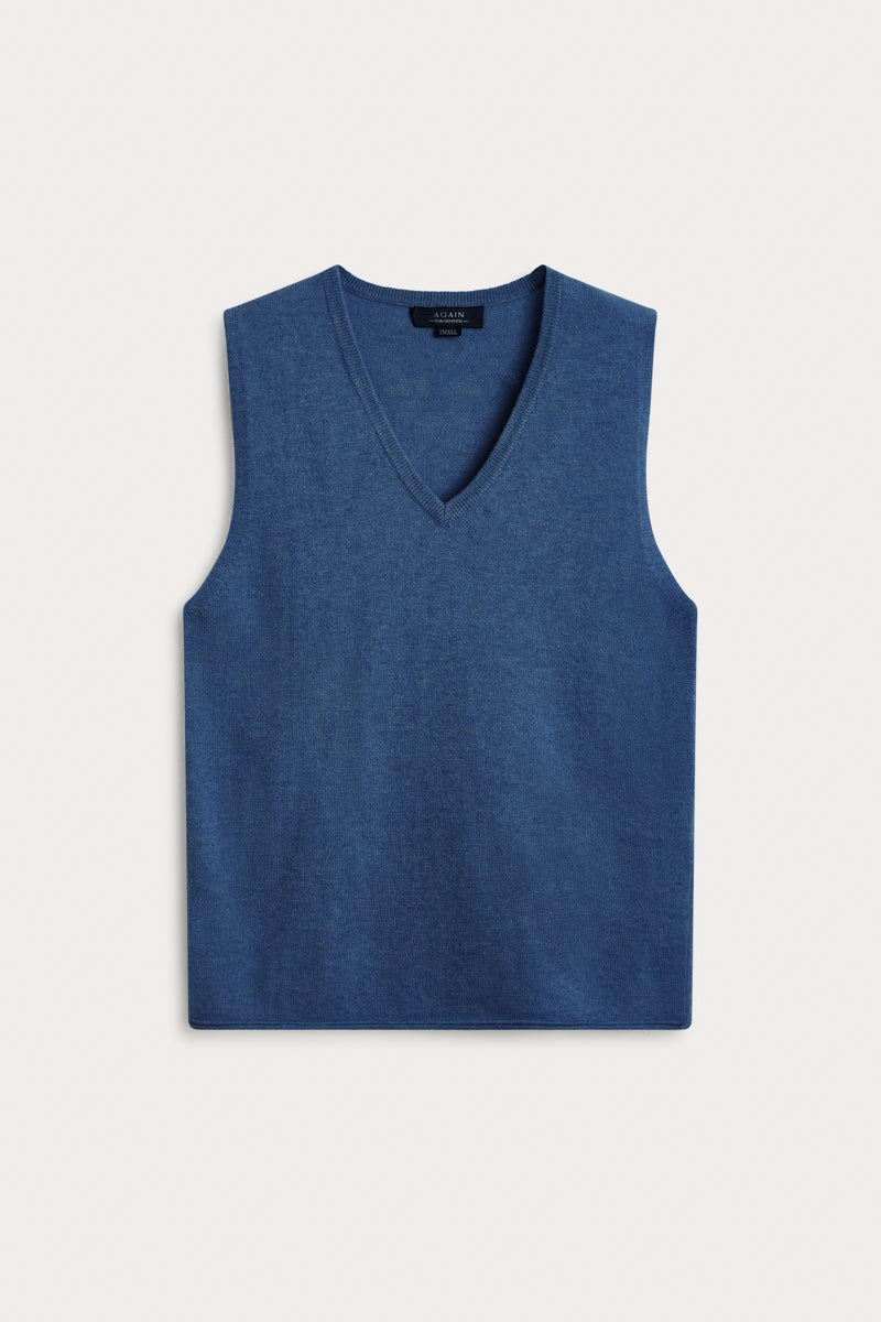 Chaleco Cuello Pico Cashmere azul medio. 100% cashmere. AGAIN Cashmere.