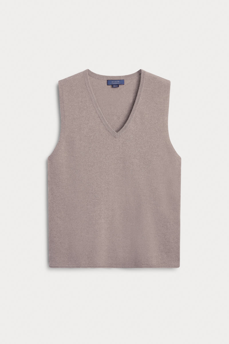 Chaleco Cuello Pico Cashmere piedra. 100% cashmere. AGAIN Cashmere.