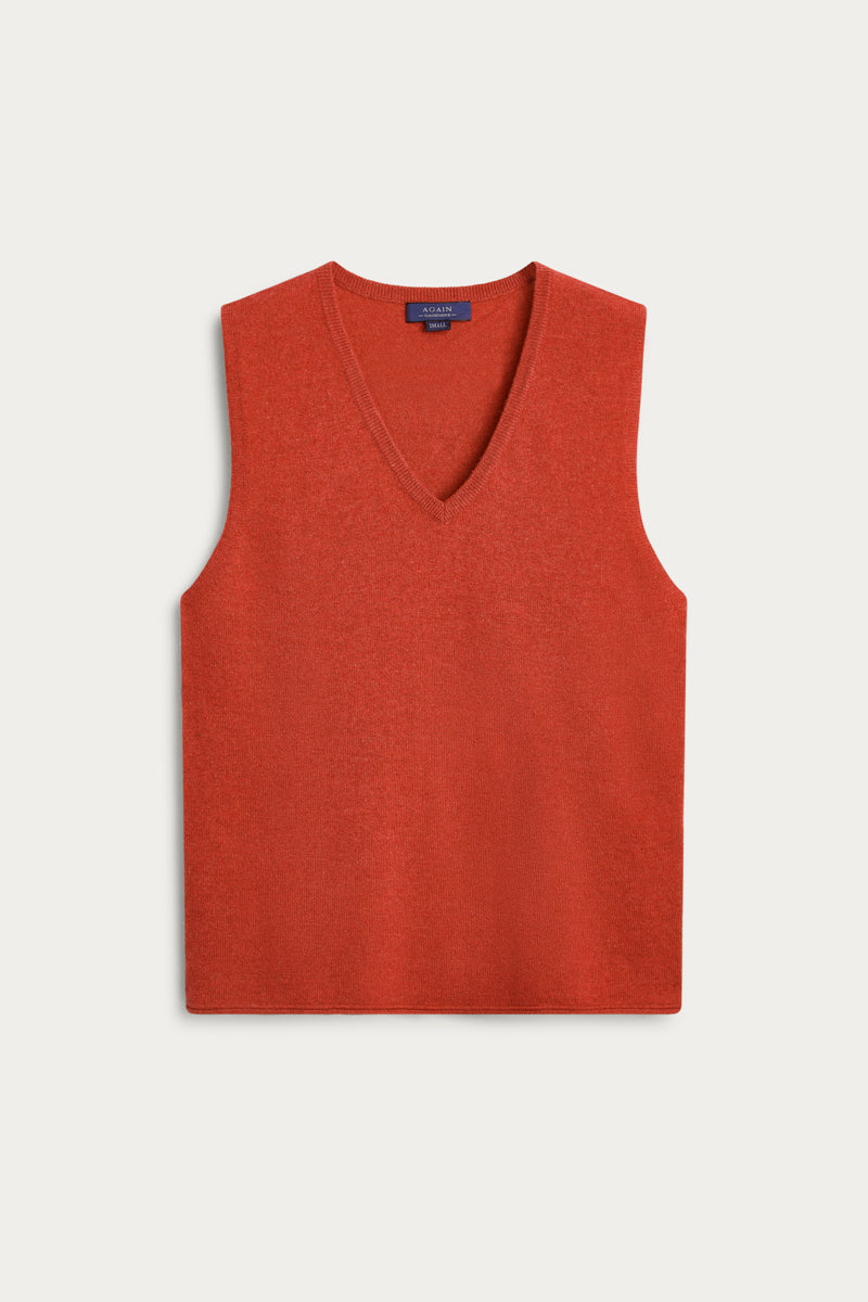 Chaleco Cuello Pico Cashmere naranja. 100% cashmere. AGAIN Cashmere.