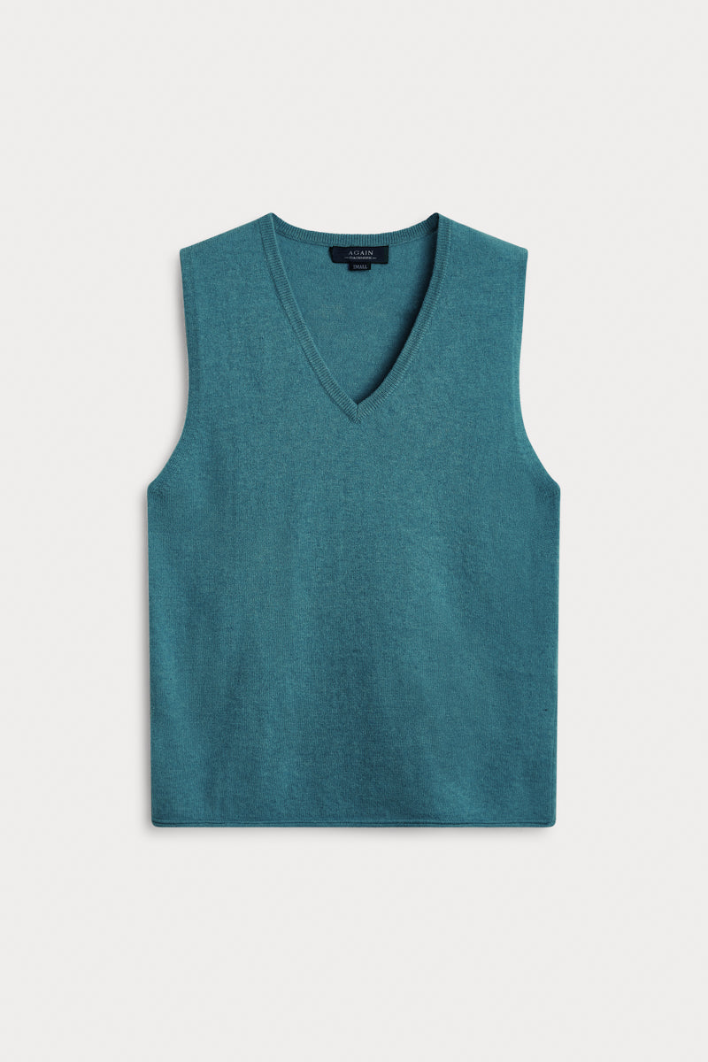 Chaleco Cuello Pico Cashmere verde azulado. 100% cashmere. AGAIN Cashmere.