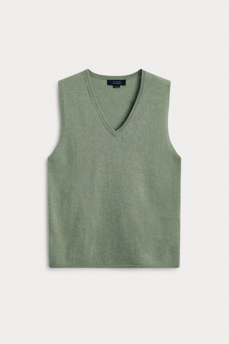 Chaleco Cuello Pico Cashmere verde hoja. 100% cashmere. AGAIN Cashmere.