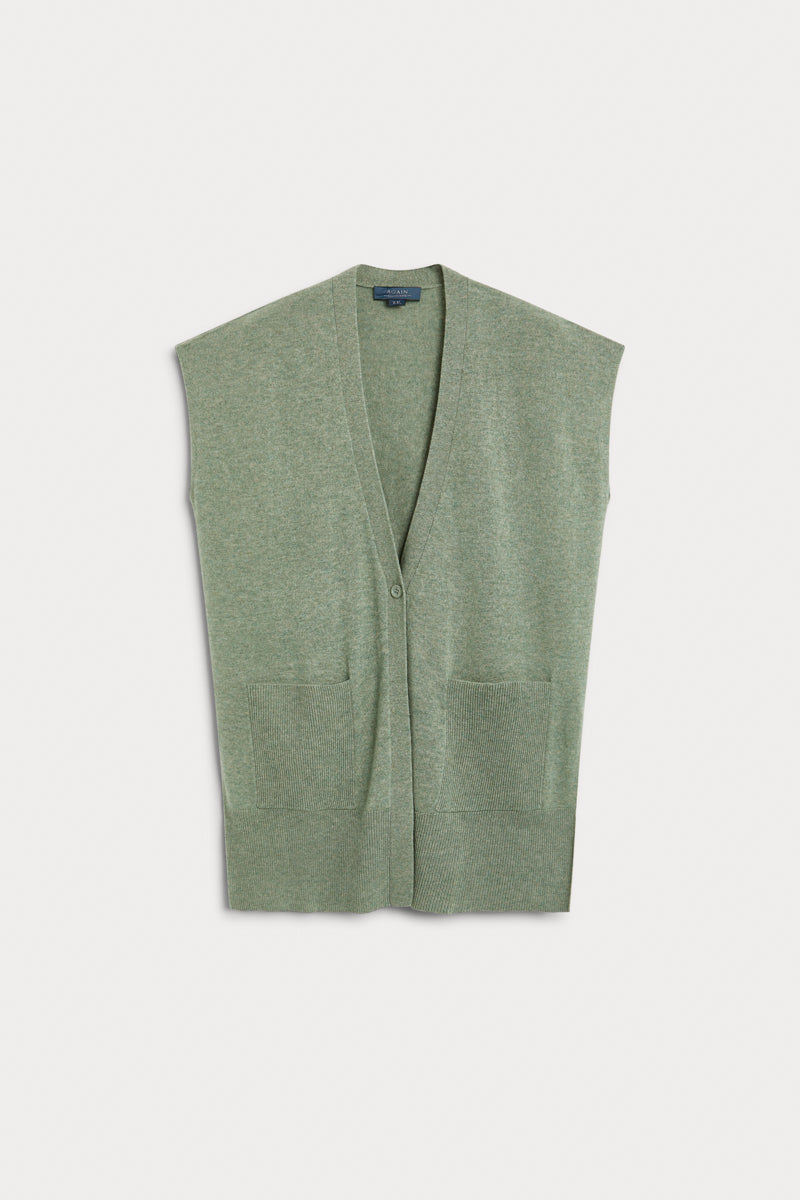 Chaleco largo verde hoja 100% cashmere. AGAIN Cashmere.