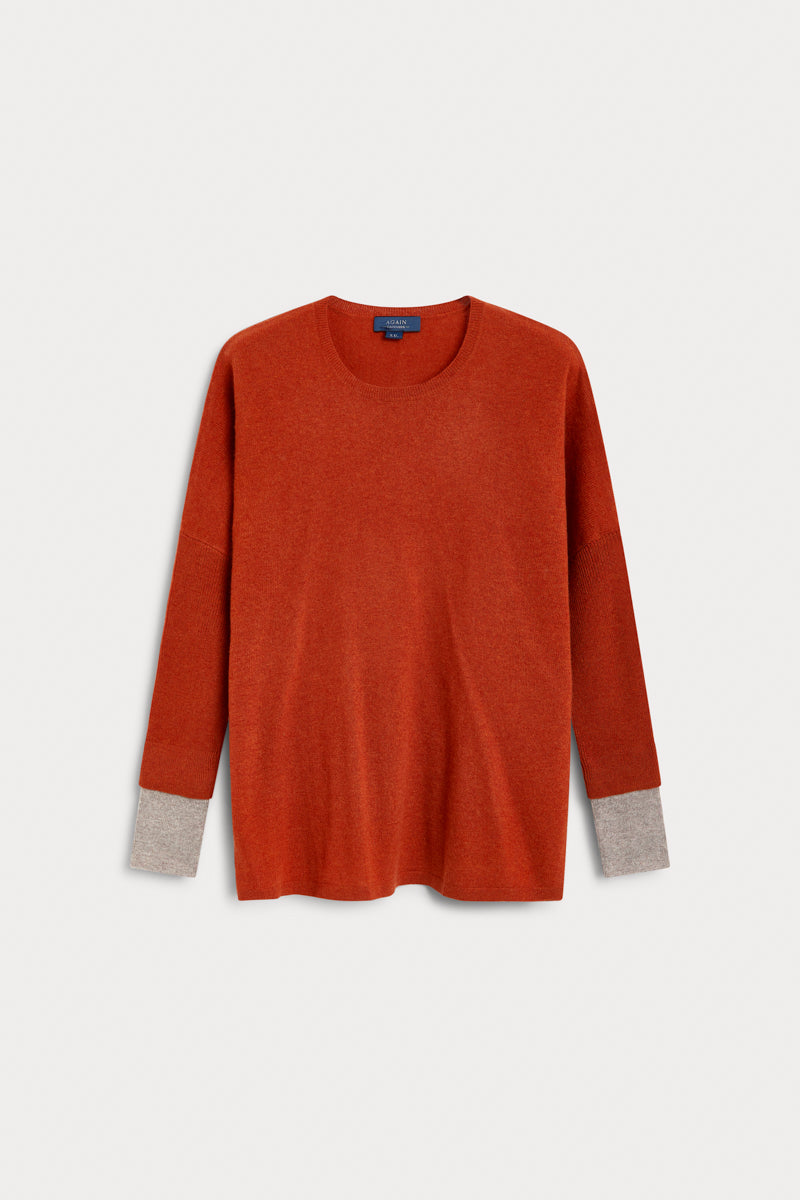 jersey combinado cashmere mujer color naranja y piedra. AGAIN Cashmere.