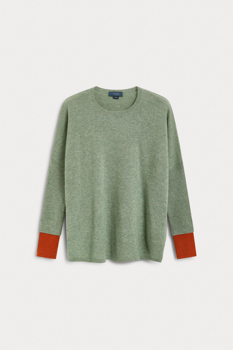 jersey combinado cashmere mujer color verde y naranja. AGAIN Cashmere.