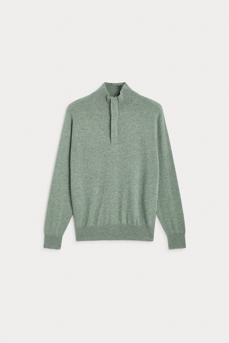 jersey cuello cremallera cashmere-hombre verde hoja. AGAIN Cashmere.