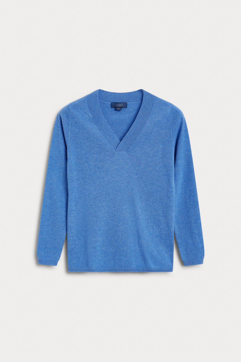 Jersey Cuello Pico 100% cashmere color azul claro. AGAIN Cashmere. 