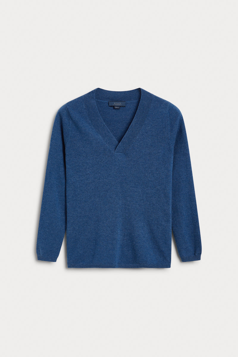 Jersey Cuello Pico 100% cashmere color azul medio. AGAIN Cashmere. 