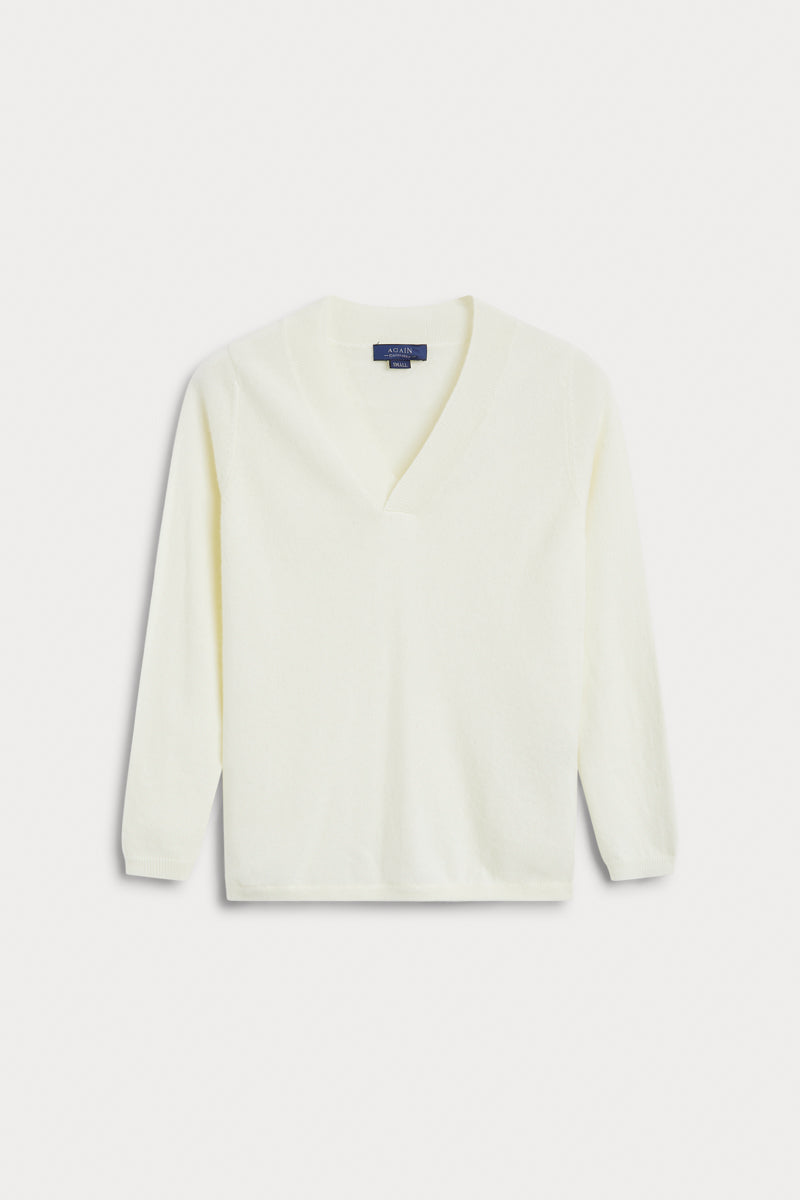 Jersey Cuello Pico 100% cashmere color blanco. AGAIN Cashmere. 