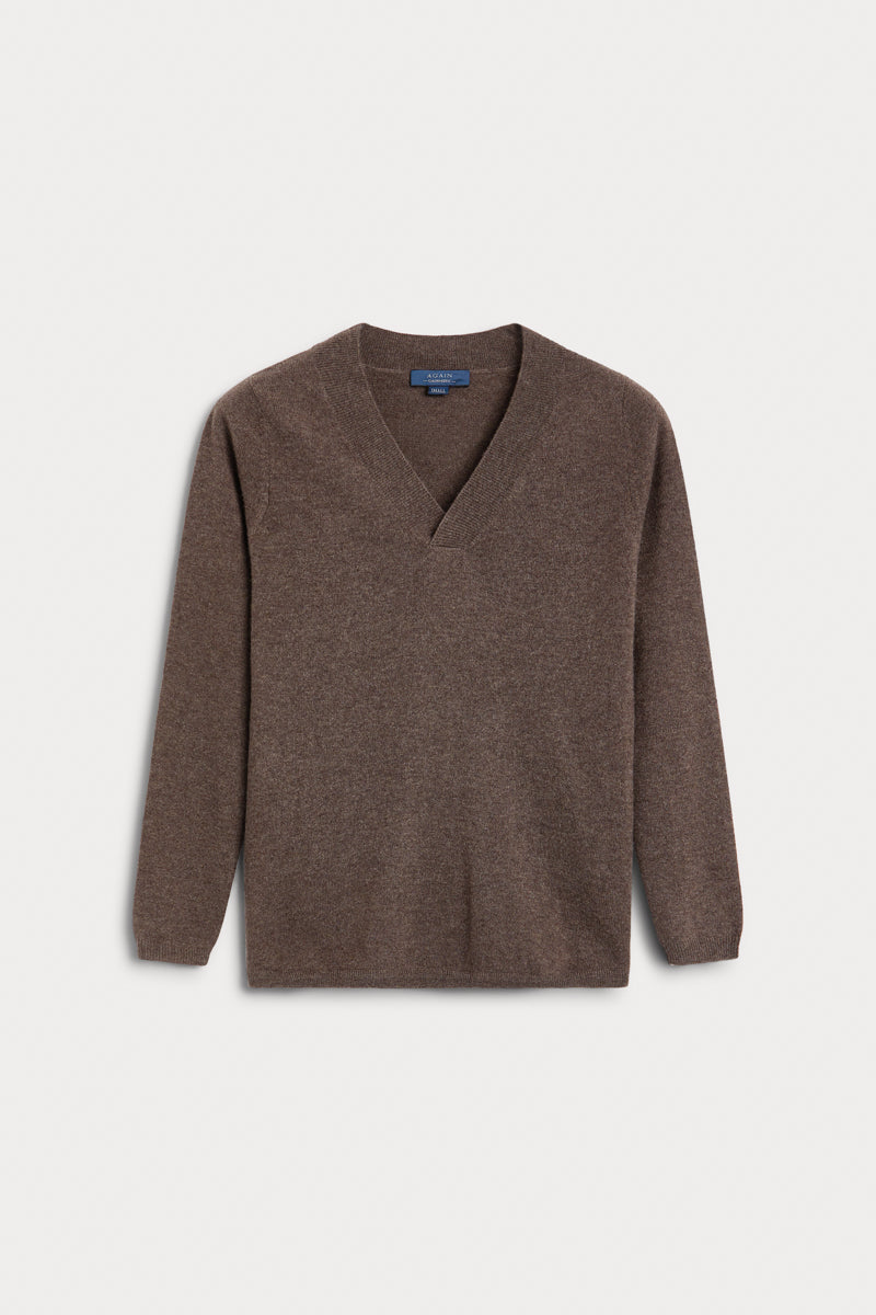 Jersey Cuello Pico 100% cashmere color marrón. AGAIN Cashmere. 