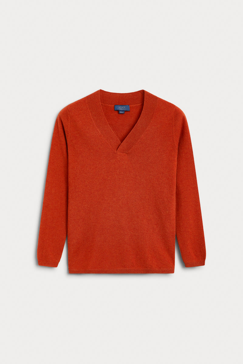 Jersey Cuello Pico 100% cashmere color naranja. AGAIN Cashmere. 