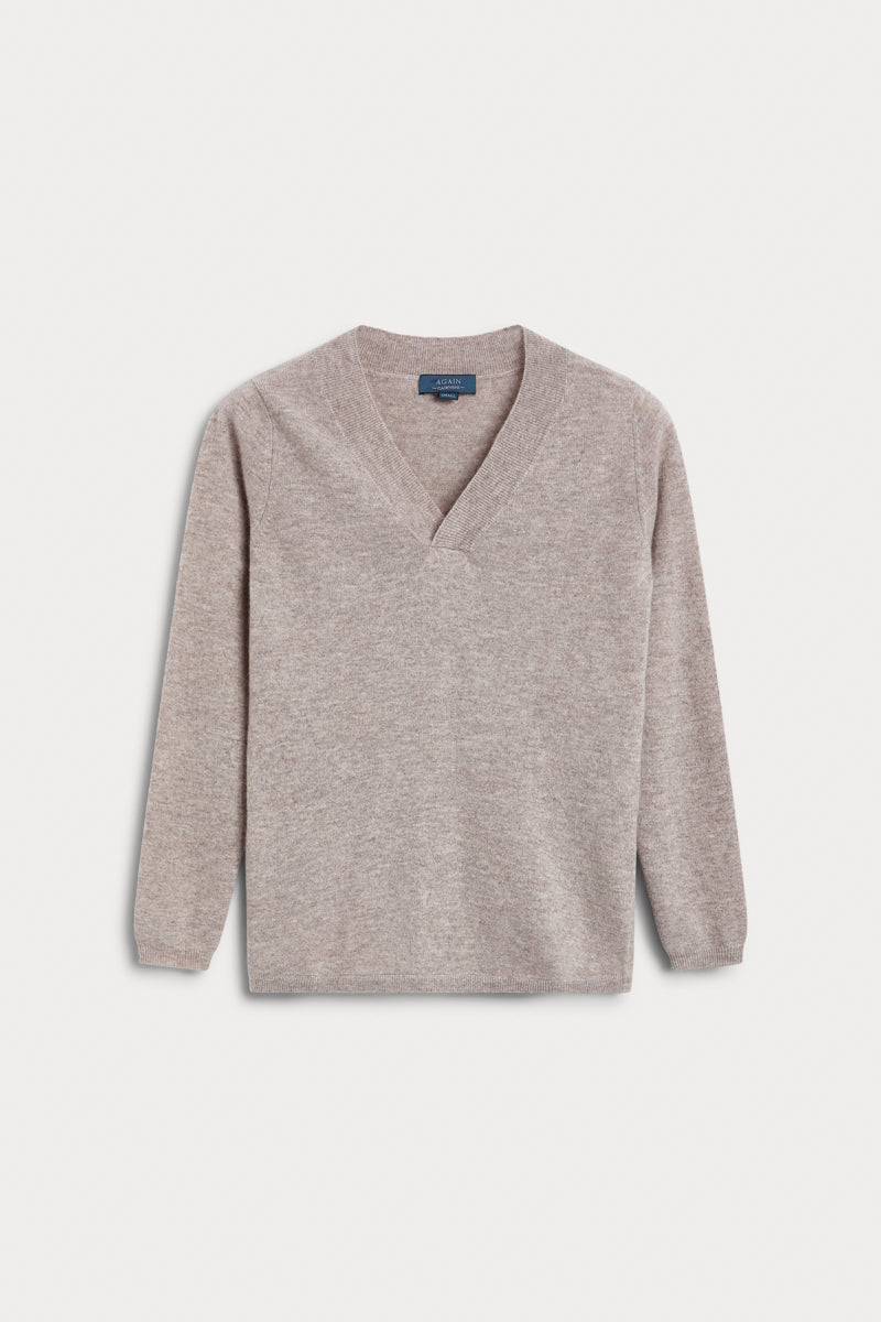 Jersey Cuello Pico 100% cashmere color piedra. AGAIN Cashmere. 