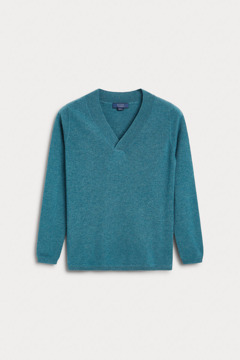 Jersey Cuello Pico 100% cashmere color verde azulado. AGAIN Cashmere. 