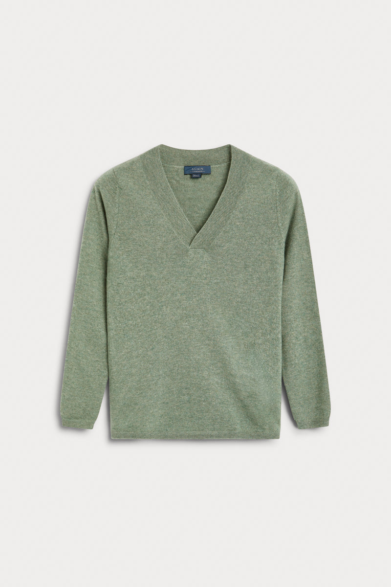 Jersey Cuello Pico 100% cashmere color verde hoja. AGAIN Cashmere. 