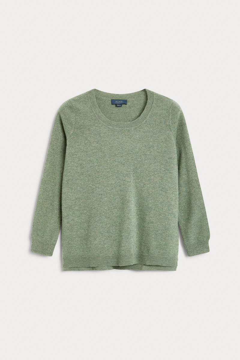 Jersey cuello redondo cashmere mujer verde hoja. AGAIN Cashmere, expertos en fibras naturales.