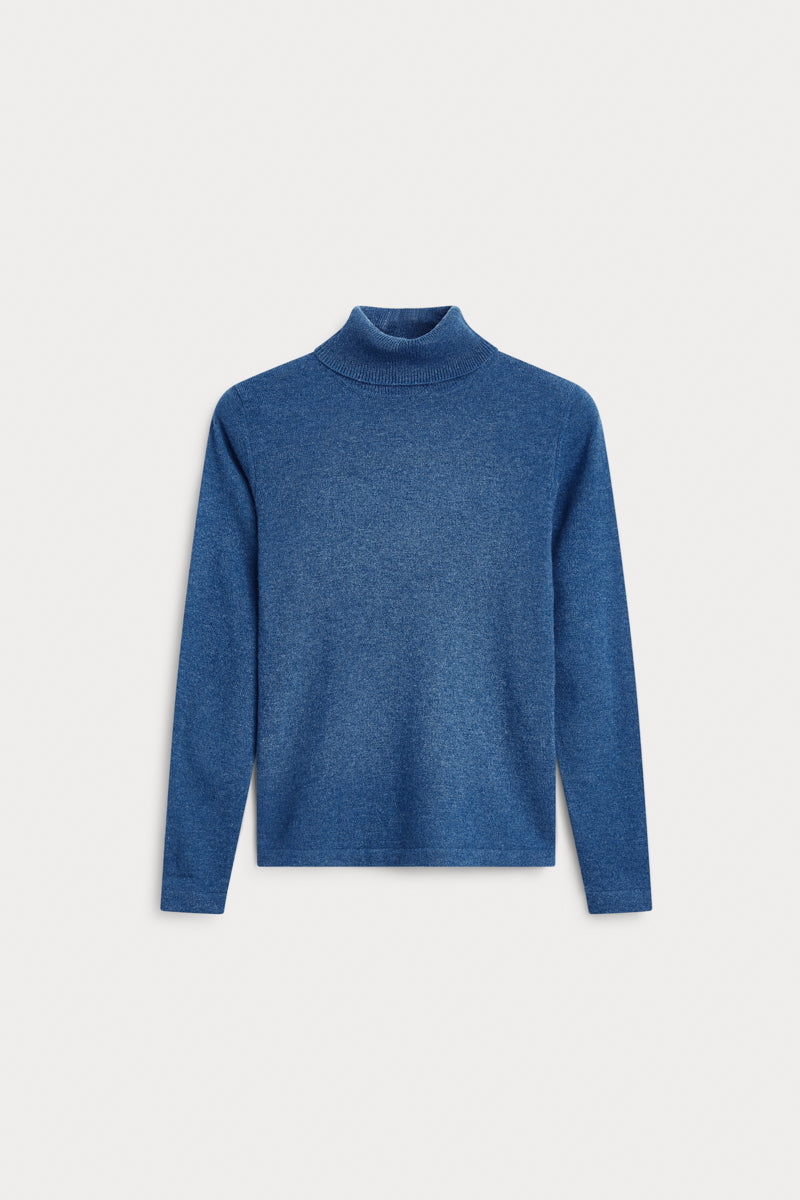 Jersey cuello vuelto basico azul medio 100% cashmere. AGAIN Cashmere.