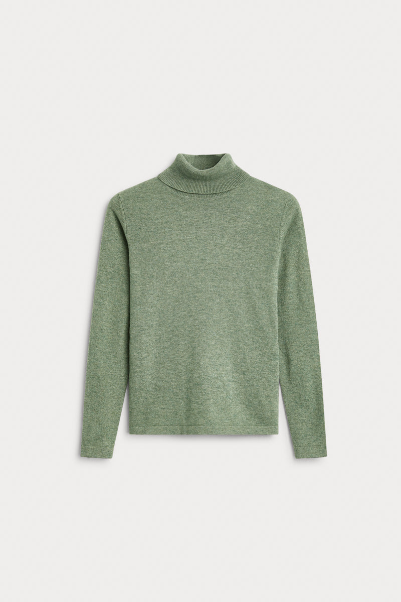 ersey cuello vuelto basico verde hoja 100% cashmere. AGAIN Cashmere.