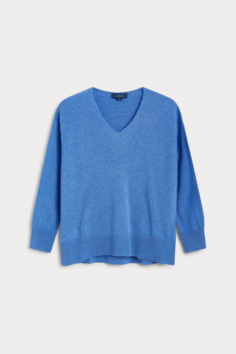 jersey pico oversize cashmere azul claro. AGAIN Cashmere, expertos en fibras naturales.