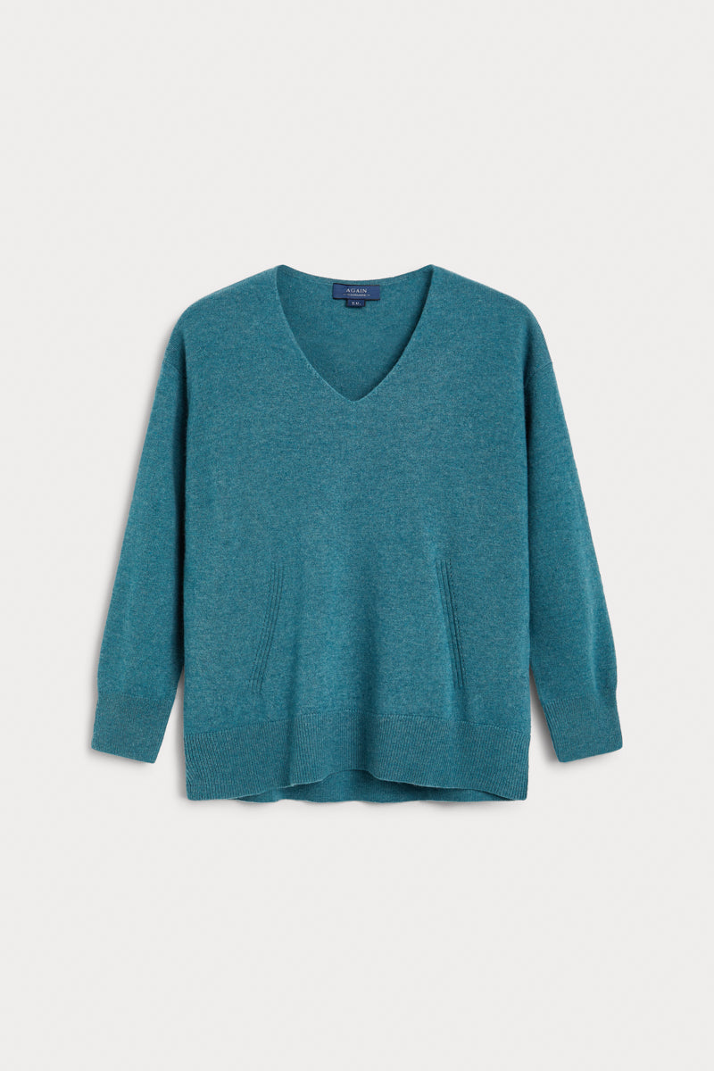 jersey pico oversize cashmere verde azulado. AGAIN Cashmere, expertos en fibras naturales.