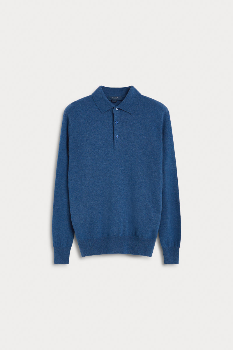 jersey polo cashmere hombre azul medio. AGAIN Cashmere.