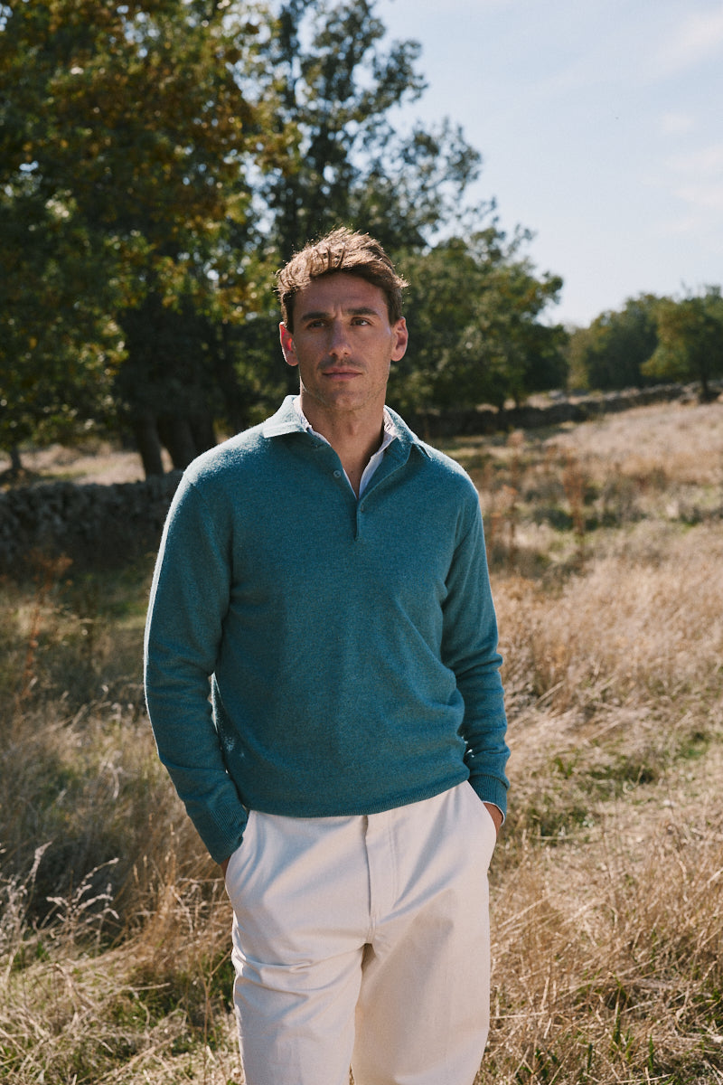 jersey cuello cremallera cashmere-hombre verde. AGAIN Cashmere.